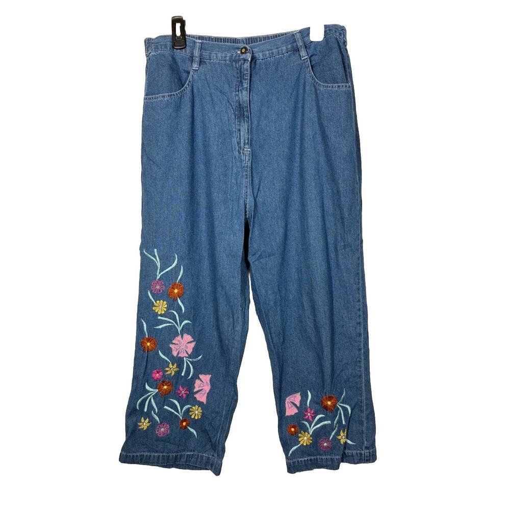 Vintage Embroidered Jeans Floral Blue Denim High Rise Cotton Large Retro Cropped